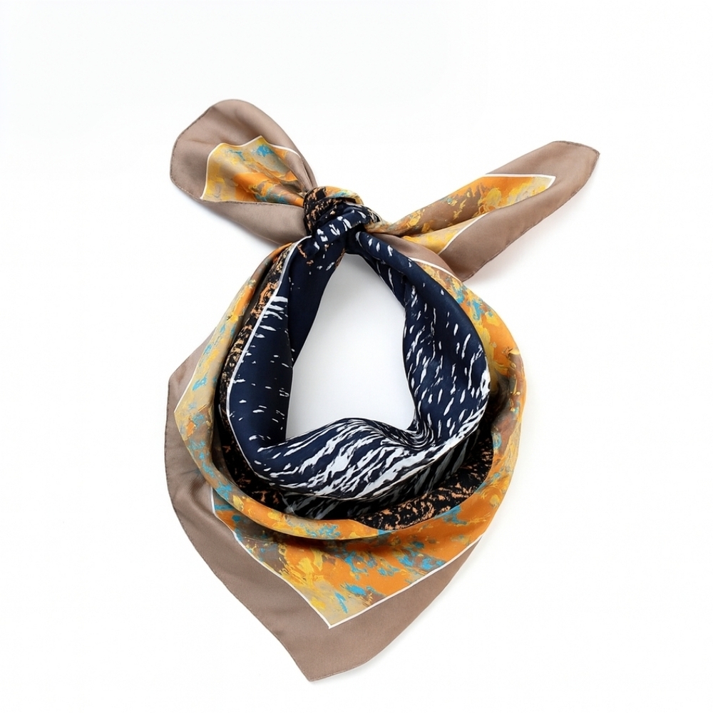 Honey 100% Silk Square Scarf Tan Blue Yellow Orange 32"